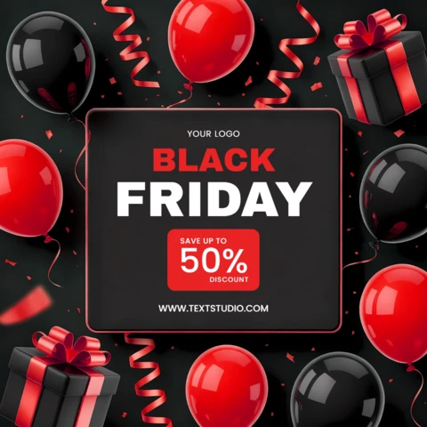 Plantilla de diseño promocional de Black Friday con globos y cajas de regalo para campañas de marketing.