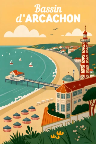 Vintage Illustration Design Template for Travel Posters of Bassin D'Arcachon