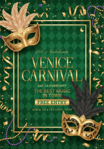 Poster elegante del carnevale di Venezia, trio di maschere di carnevale con piume e coriandoli su sfondo verde a diamante.