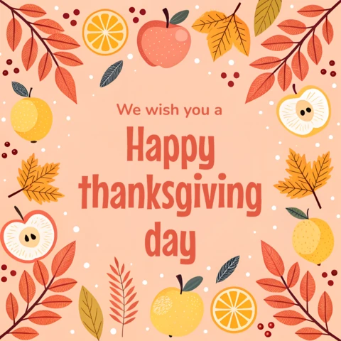 Thanksgiving Greeting Card Template with Autumn Leaves and Fruits Design