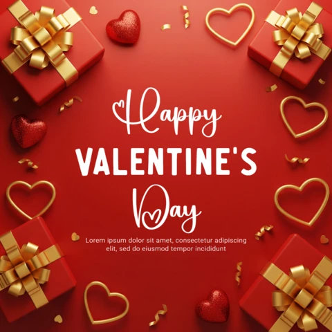Valentine’s Greeting Card Elegant Red-Gold Theme with Heart Ornaments and Confetti