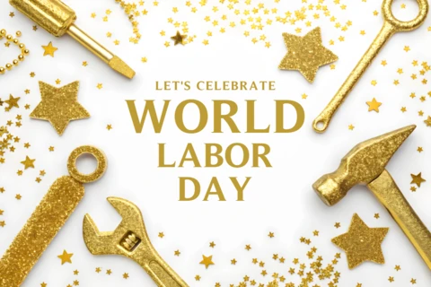 Modelo de design de comemoração do dia mundial do trabalho com glitter dourado