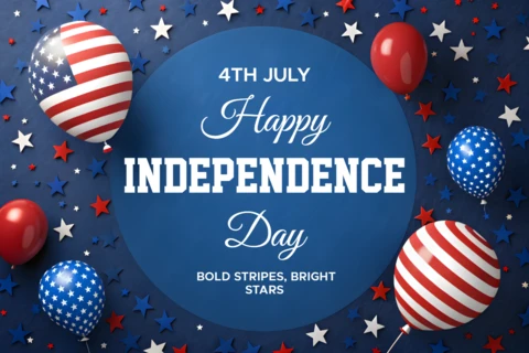 Template di celebrazione del giorno dell'indipendenza con strisce e stelle luminose design 3D