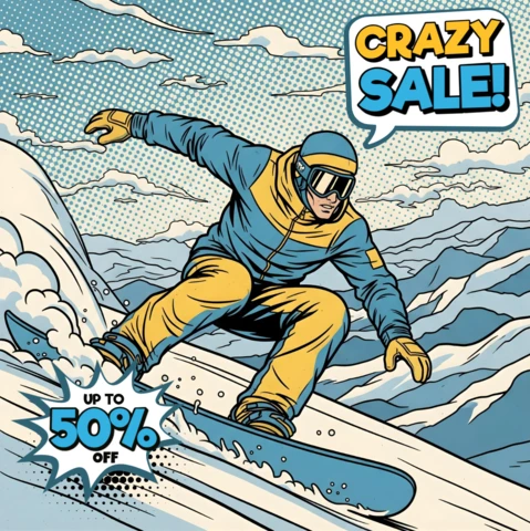 Plantilla de diseño de cómic de héroe de snowboard en escena de montaña con diseño de venta loca para volantes promocionales.