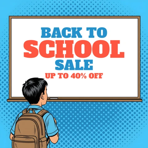 Whiteboard-Schulverkauf Comic-Stil Schüler mit Rucksack & Rabatt-Explosion Designvorlage für Werbeflyer