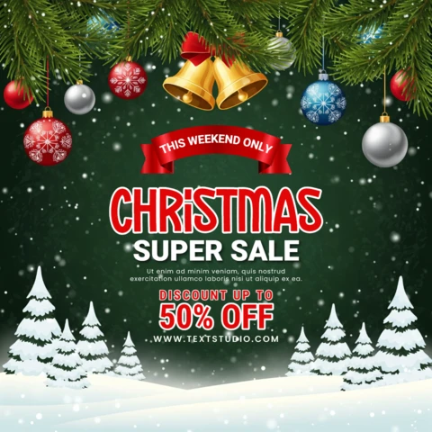 Christmas Shopping Ad Dark Green Holiday Flyer with Snowfall, Gift Icons, and Big Sale Highlight