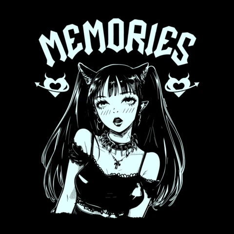 Memories Gothic Anime Cat-Eared Girl with Devil Hearts in Monochrome T-Shirt Design Template