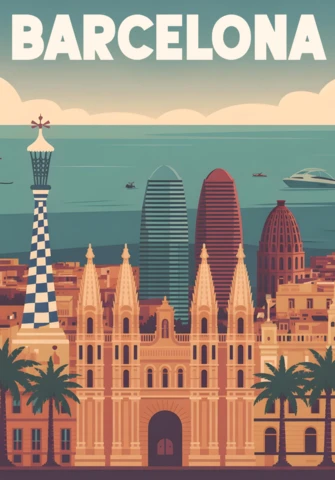 Barcelona Cityscape Sagrada Família, Torre Glòries & Mediterranean View Travel Posters Design Template