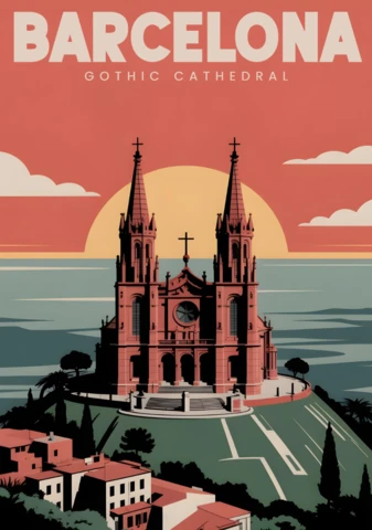 Barcelona Gothic Cathedral Sunset Over Ocean & Historic Architecture Travel Posters Design Template
