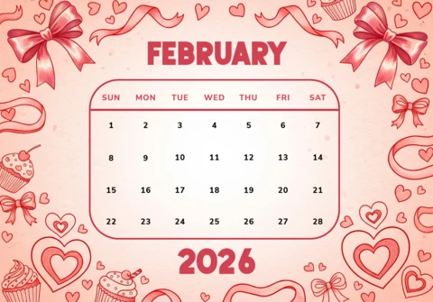 Calendário de fevereiro de 2026 com tema de amor doce, com cupcakes, fitas e acentos festivos de coração.