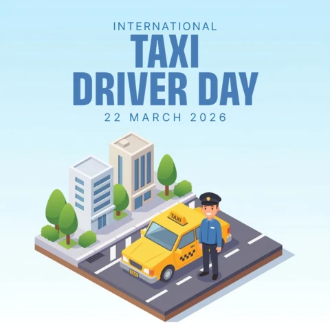 Awareness Poster for International Taxi Driver Day 2026 Featuring Driver, Classic Yellow Cab, and Urban Cityscape Theme