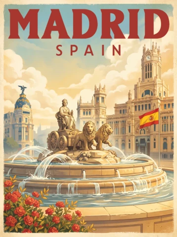 Vintage retro Madrid avontuur poster Spanje iconische Cibeles fontein historisch Palacio de Cibeles rode rozen klassieke architectuur reis wanddecoratie