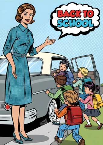 Volta às aulas, alunos se aproximando de carro clássico com professor ou pai cumprimentando, modelo de design de cartaz.
