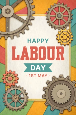 Vintage Labour Day Celebration Design Template with Gears and Colorful Background