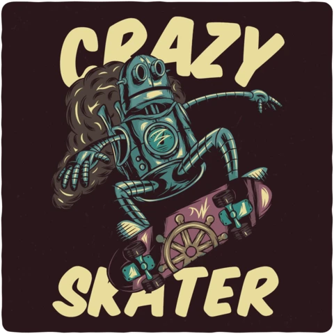Steampunk roboter reiten auf skateboard t-shirt design vorlage
