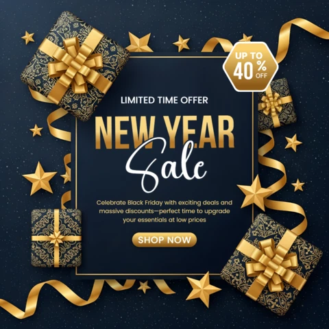 Elegant New Year Sale Design Template with Gift Boxes for Promotional Flyers