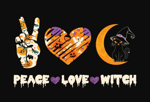 Tshirt d'halloween Peace love witch cat design
