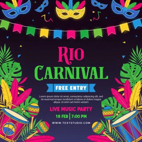 Rio Carnival Poster Dark Purple to Black Gradient with Colorful Masks, Feathers, Drums, Tropical Leaves & String Lights