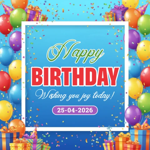 Happy Birthday Decorative Poster Blue Background with Balloons, Confetti, and Gift Boxes for Party Celebration