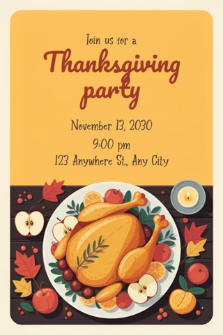 Thanksgiving Party Invitation Template with Festive Turkey Design for Editable Event Announcement