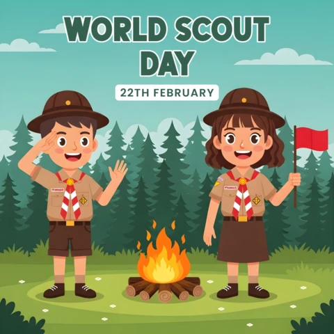Modèle de célébration de la journée mondiale des scouts avec un design de feu de camp pour les flyers d'événements pour enfants