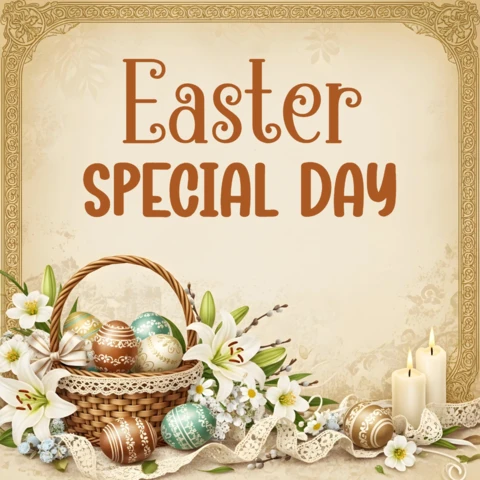 Ornate Basket of Eggs, Flowers, Candles, and Festive Holiday Decorative Design Happy Easter Day Greeting Poster