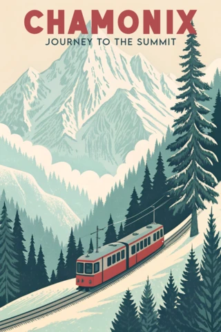 Illustration de train de montagne vintage à Chamonix pour modèle d'affiches rétro flat.
