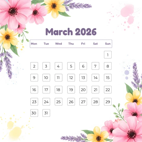 March 2026 Calendar Design with Blossoms, Purple Typography, and Whimsical Spring Frame