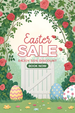 Easter Sale Design Template with Floral Art Style and Discount Promotion