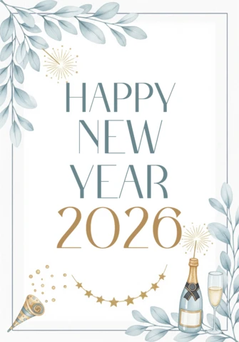 Akwarelowa kartka na Nowy Rok 2026 z złotymi gwiazdami, kieliszkami szampana i eleganckimi akcentami celebracyjnymi.
