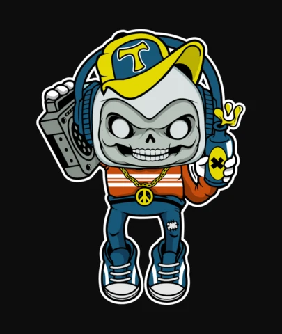 Task master skull boombox comic caricature pop culture t-shirt design template