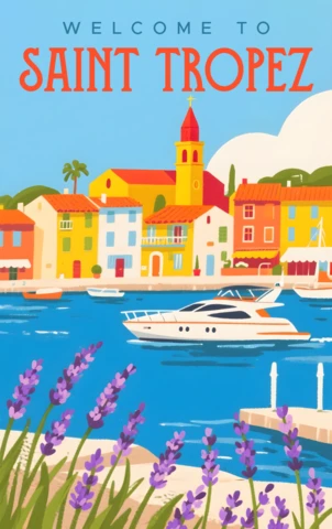 Saint Tropez Vintage Travel Poster Design Template with Yacht and Lavender