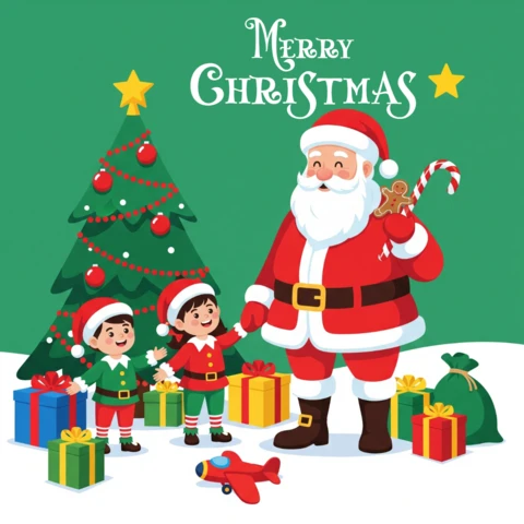Merry Christmas Santa, Children, and Tree in Snowy Landscape with Gifts and Peaceful Wishes Poster Design Template