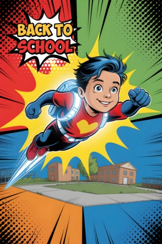 Back to School Jetpack Superhero Student with Heart Emblem and Comic Burst Poster Design Template