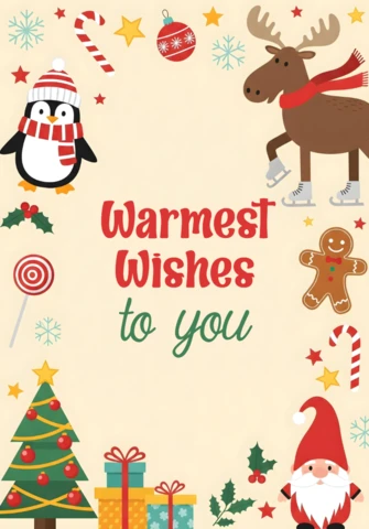 Design della cartolina di Natale con personaggi festivi e decorazioni che circondano i più calorosi auguri in una scena gioiosa.