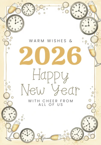 New Year Greeting Template 2026 Watercolor Design with Champagne Glasses and Timeless Celebration Glow
