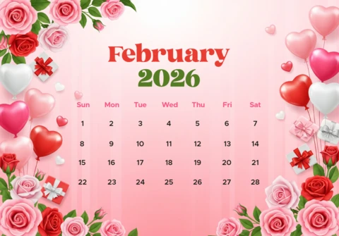 February 2026 Calendar Romantic Theme with Gift Boxes, Balloons, and Soft Pink Background
