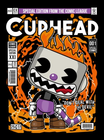 Plantilla de diseño de portada de revista con personaje de dibujos animados de Cuphead malvado