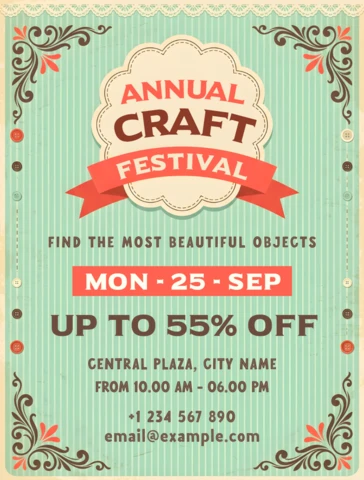 Retro Annual Craft Festival Event Flyer Template with Vintage Handmade Market and Artisan Fair Design