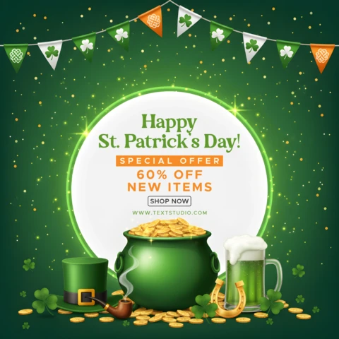 Plantilla de diseño de volante de descuento del Día de San Patricio con tréboles, sombrero de duende y tipografía festiva.