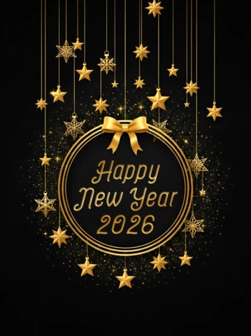 Plantilla de tarjeta de felicitación elegante para el año nuevo 2026 con estrellas y diseño dorado.