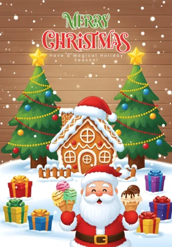 Festive Christmas Illustration Santa Enjoying Ice Cream By Gingerbread House and Ornamented Trees Poster Design Template