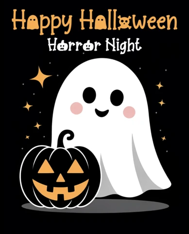 Happy Halloween Design with Cute Ghost and Pumpkin for T-Shirt Print Template