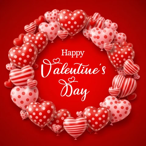 Tarjeta de saludo de San Valentín con un tema festivo de amor, con globos de corazones de lunares y rayas.