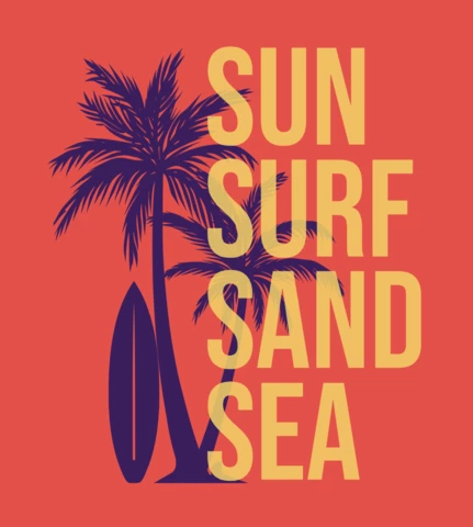 Palm Tree And Surfing Board On Sea Beach T-Shirt Design Template