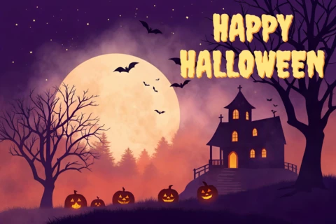 Modelo de design de Halloween assustador com casa assombrada e abóboras para convites de festa.