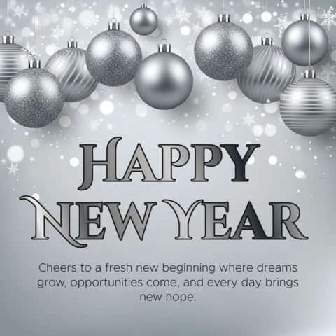 Elegant New Year Greeting Card Template with Silver Ornaments Design