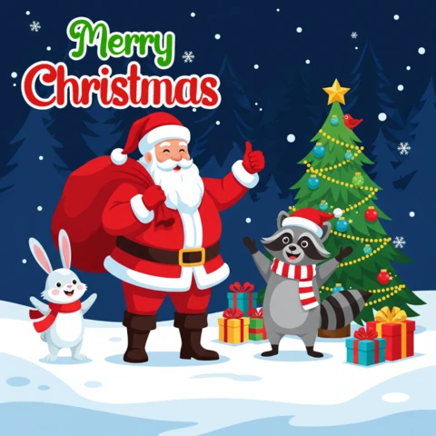 Santa con conejo y mapache rodeado de copos de nieve, pinos y alegría navideña, plantilla de diseño de cartel.