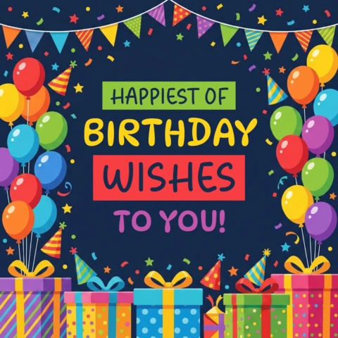 Cartaz de feliz aniversário com fundo azul escuro, balões, confete, bandeirinhas e alegres desejos de feliz aniversário.