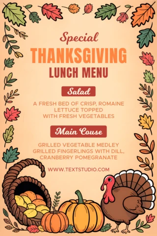 Thanksgiving Menu Design Template with Turkey and Autumn Leaves for Festive Events